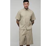 Men's Tall Textured Oversized Boxy Shirt & Relaxed Short Set | Stone | Size Large | BOOHOOMAN