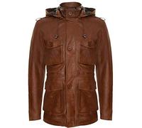 Men's Tan Hooded Leather Multi-Pocket Duffle Trench Coat with Drawstring 3XL