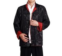 Men's Tang Suit Jacket Dragon Chinese Traditional Frog Button Long Sleeve Stand Collar Coat Kung Fu Wing Chun Uniform (Red/Black, L)