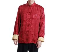 Men's Tang Suit Jacket Dragon Chinese Traditional Frog Button Long Sleeve Stand Collar Coat Kung Fu Wing Chun Uniform (Red/Gold, L)