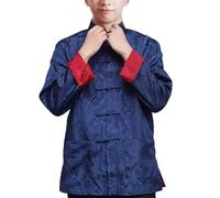 Men's Tang Suit Jacket Dragon Chinese Traditional Frog Button Long Sleeve Stand Collar Coat Kung Fu Wing Chun Uniform (Blue/Red, M)