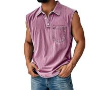 Mens Tank Top Sleeveless Polo Shirts Acid Washed Cotton Tops with Pocket Button Down Shirt Summer Vacation Beach Tees Camisa Sin Mangas para Hombre(Pink, S)