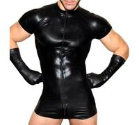 Men's Tank Top Wet Look Boxer Briefs Slim Fit One Piece Underwear Lingerie Zipper Party Wear Wet Look Costume, Black/White, M