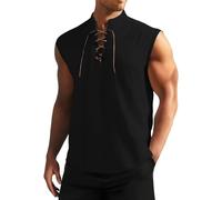 Mens Tank Tops Sleeveless T Shirts Cotton Lace Up Shirt Linen Tshirt for Pirate Renaissance Medieval Viking Costume Camisillas para Hombres Gym(Black, M)