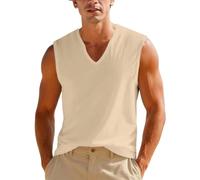 Mens Tank Tops Sleeveless T Shirts Deep V Neck Low Cut Shirt Vest Summer Solid Color Workout Tshirt Casual Muscle Tee(Z03-Khaki, L)