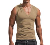 Mens Tank Tops Sleeveless T Shirts Deep V Neck Low Cut Shirt Vest Summer Solid Color Workout Tshirt Casual Muscle Tee Camisillas para Hombres Gym(Khaki, L)