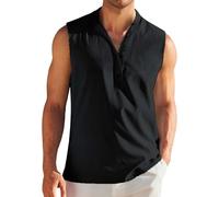 Mens Tank Tops Sleeveless T Shirts Henley Button Down Shirt Cotton Linen Muscle Fit Tshirt Summer Casual Beach Tees Camisa Sin Mangas para Hombre(Black, XL)