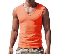 Mens Tank Tops Sleeveless T Shirts Notch V Neck Shirt Solid Color Workout Gym Tshirt Athletic Muscle Fit Vests Tees Camisolas para Hombre(Orange, M)