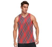 Mens Tank Tops Summer Sleeveless Tops Royal Stewart Tartan Plaid Sports Vest Quick Dry Training Gym Training Tops T-Shirt Red Balck Check
