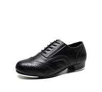 Men's Tap Dance Shoes,Low Heel,Wide Fitting Slip On Soft Leather Jazz Shoe,Lace Up Leather Dance Tap Shoes,Breathable Dance Shoes for Young Dancer Black