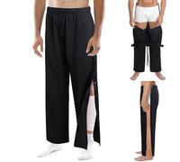 Men's Tear Away Basketball Pants, Post Surgery Sweatpants, High Split Side Snap On Casual Wide Leg Trouser with Pockets, Black, Large