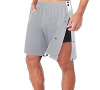 Men's Tear Away Training Shorts with Side Snap Closure, Elastic Waist Quick Change Activewear, Grey Recovery Split Design, Lightweight Breathable Fabric, For Gym Warm-Up or Post-Surgery Use