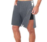 Men's Tear Away Training Shorts with Side Snap Closure, Elastic Waist Quick Change Activewear, Grey Recovery Split Design, Lightweight Breathable Fabric, For Gym Warm-Up or Post-Surgery Use