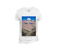 Men's Tee Shirt V Neck Organic Cotton Painting Mount Kailash Devi Sacred Mountain Gods India White