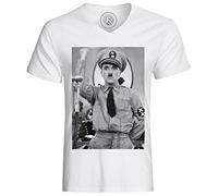 Men's Tee Shirt V Neck Organic Cotton Photo of Star Famous Actor Charlie Chaplin Old Cinema Original 7 Dictator White