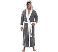 Men's Terry Towelling Bathrobe with Hood Dressing Gown Absorbent Sauna Gown Classic Long Sleeve Robe with Belt Loops and Patch Pockets Terry Bathrobe Long Warm Hooded Towel, gray, 5XL