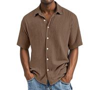 Men's Textured Short Sleeve Button Down Shirt Cotton Casual Vacation Beach Shirts Lightweight Loose Summer Top Men Shirts (Brown, M)