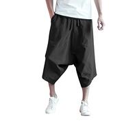 Men's Thai Harem Trousers 3/4 Below Knee Wide Leg Lounge Capri Pants Hippie Casual Drop Crotch Aladdin Pirate Pants Japanese Style Summer Beach Boho Yoga Trousers with Pockets Black