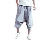 Men's Thai Harem Trousers 3/4 Below Knee Wide Leg Lounge Capri Pants Hippie Casual Drop Crotch Aladdin Pirate Pants Japanese Style Summer Beach Boho Yoga Trousers with Pockets Grey
