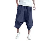 Men's Thai Harem Trousers 3/4 Below Knee Wide Leg Lounge Capri Pants Hippie Casual Drop Crotch Aladdin Pirate Pants Japanese Style Summer Beach Boho Yoga Trousers with Pockets Navy