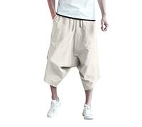 Men's Thai Harem Trousers 3/4 Below Knee Wide Leg Lounge Capri Pants Hippie Casual Drop Crotch Aladdin Pirate Pants Japanese Style Summer Beach Boho Yoga Trousers with Pockets Beige