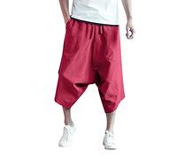 Men's Thai Harem Trousers 3/4 Below Knee Wide Leg Lounge Capri Pants Hippie Casual Drop Crotch Aladdin Pirate Pants Japanese Style Summer Beach Boho Yoga Trousers with Pockets Red