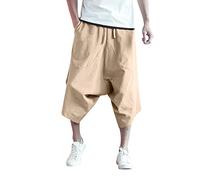 Men's Thai Harem Trousers 3/4 Below Knee Wide Leg Lounge Capri Pants Hippie Casual Drop Crotch Aladdin Pirate Pants Japanese Style Summer Beach Boho Yoga Trousers with Pockets Khaki