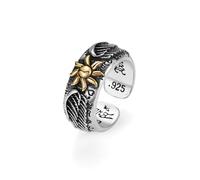 Mens Thai Silver Gold Sun Flower Adjustable Rings for Men Women, Retro Gold Silver Plated and Double Angel Wings Vintage Biker Anxiety Ring for