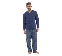 Mens Thermal Fleece Top & Flannel Check Bottoms PJ Pyjama Set Winter Nightwear (Large, Blue Check)