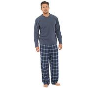 Mens Thermal Fleece Top & Flannel Check Bottoms Pyjama Set - Grey/Blue, Medium