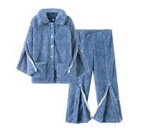 Men's Thermal Nursing Gowns, Thickened Coral Fleece Patient Clothing with Pockets & Full Open Back for Bedridden(Blu,Medium)