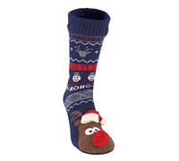 Mens Thermal Rudolph Christmas Slipper Socks | 3D design | Fleece Lined | Winter (7-11, Navy)