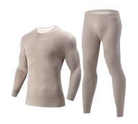Mens Thermal Underwear Set Long Sleeve Tops & Bottoms Thermal Base Layer Men Set Body Fit T-Shirt & Long Johns Trousers Winter Ski Inner Stretch Warm Pajama Suit Beige