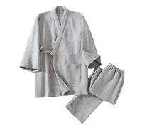 Men's Thicken Pajamas Suit Japanese 2-Piece Cotton Woven-Robe Bathrobe Kimono Pjs Set,Light Gray,L