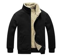 Mens Thickened Sherpa-Lined Coats Fullzip Warm No Hood Long Sleeve Ribbed Cuff Comfortable Plus-Size Jackets with Kangaroo Pocket Plain Simple Basic Heavy Tops for Winter Wear Black