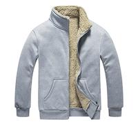 Mens Thickened Sherpa-Lined Coats Fullzip Warm No Hood Long Sleeve Ribbed Cuff Comfortable Plus-Size Jackets with Kangaroo Pocket Plain Simple Basic Heavy Tops for Winter Wear Grey