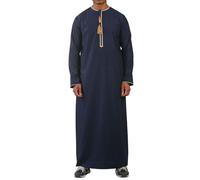 Men's Thobe Emirati Omani Jubba Islamic Clothing Muslim Kaftan Eid Robe Arab Gold Tassel Embroidery - Navy 56