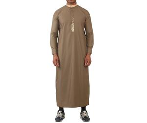 Men's Thobe Jubba Nehru Round Collar Islamic Clothing Muslim Kaftan Embroidery Eid Robe Saudi - Brown 58