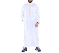 Mens Thobe Jubba Nehru Stand Collar Islamic Clothing Muslim Cotton Kaftan Embroidery Eid Robe Saudi - White XXL - 60