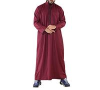 Mens Thobe Jubba Nehru Stand Collar Islamic Clothing Muslim Cotton Kaftan Embroidery Eid Robe Saudi - Wine M - 54