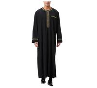 Men's Thobe Kaftan Arabian Robe Muslim Dress Long Sleeve Shirt Gown Embroidered Jubba Zip Placket Abaya Robe Kandura with Pockets Ramadan Eid Prayer Clothing S-XXXL (Black, S)