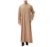 Men's Thobe Kaftan Arabian Robe Muslim Dress Long Sleeve Shirt Gown Embroidered Jubba Zip Placket Abaya Robe Kandura with Pockets Ramadan Eid Prayer Clothing S-XXXL (Khaki, M)
