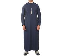 Mens Thobe Navy Jubba Nehru Round Collar Islamic Clothing Muslim Kaftan Embroidery Eid Robe Saudi - Navy L-56