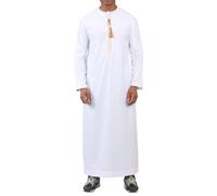 Men's Thobe White Emirati Omani Jubba Islamic Clothing Muslim Kaftan Eid Robe Arab Gold Tassel Embroidery - White XL-58