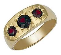Mens Three Stone Ring Gypsy Style Setting 9ct Yellow Gold Garnet (V)