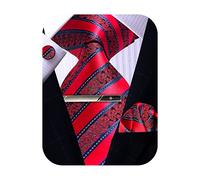 Mens Tie Pocket Square Cufflinks Tie Bar Set, Silk Woven Necktie with Hanky Clip ROBERTO GABBANI, Red and Blue Stripe Tie Set