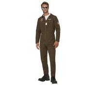 Smiffys Top Gun Maverick Men's Aviator Costume, Adults Green Jumpsuit & Changeable Name Badges, Official License Outfit with Zip Detail on Front, Badges & Zip, Official Top Gun Halloween Fancy Dress