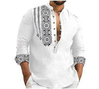 Men's Tops Shirts Cotton Linen Tops Long Sleeve Printed Shirt Button Cardigan Long Sleeve V-Neck Stretch Wrinkle Free Slim Fit Solid Lightweight Business Beach Henley Shirt Collar Basic Tops White