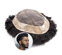 Mens Toupee Afro Curly Toupee for Black Men, 6" Indian Remy Hair Prosthesis Fine Mono Top with PU Around Men's Units 12mm Wave Human Replacement System Hairpieces(1b-Off Black,8x10)