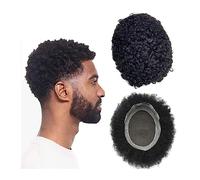 Mens Toupee Afro Curly Toupee for Men French Lace & PU Base Curly Hair System Unit Durable Male Hair Prosthesis Medium Density Indian Human Hair Men's Hairpieces Toupee for Men(20mm Wave 120%,6x8)